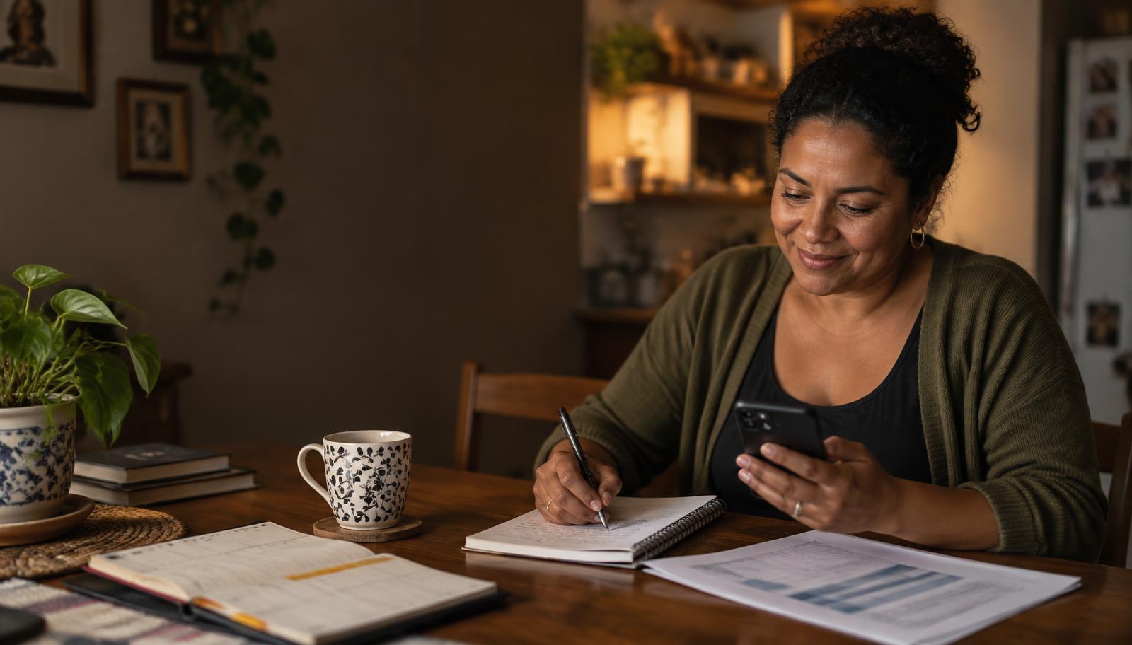 Mulher sentada à mesa de casa, sorrindo enquanto usa o celular e anota em um caderno, com uma planilha impressa ao lado.